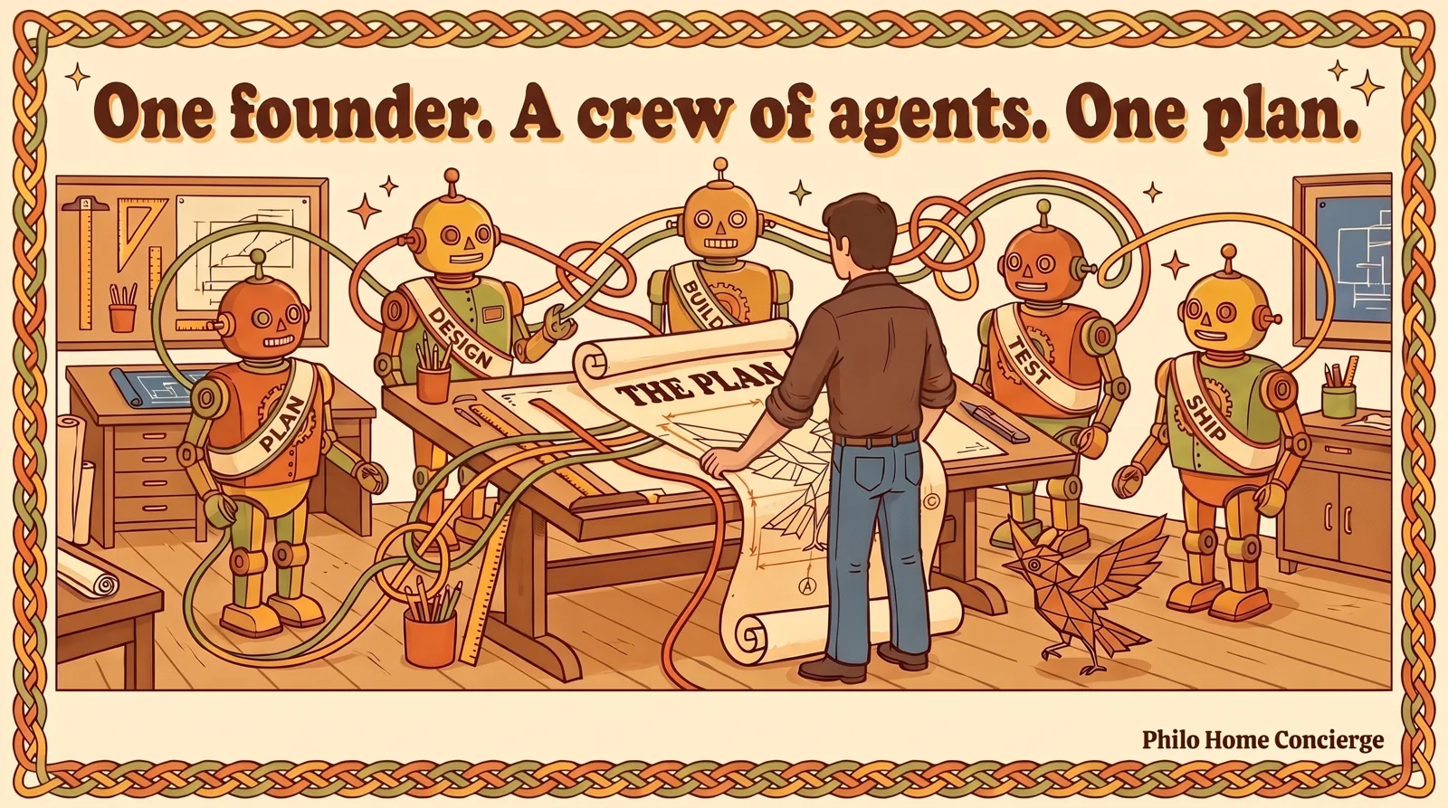 One founder and a crew of agents around one plan, building Philo; sashes read PLAN, DESIGN, BUILD, TEST, SHIP.