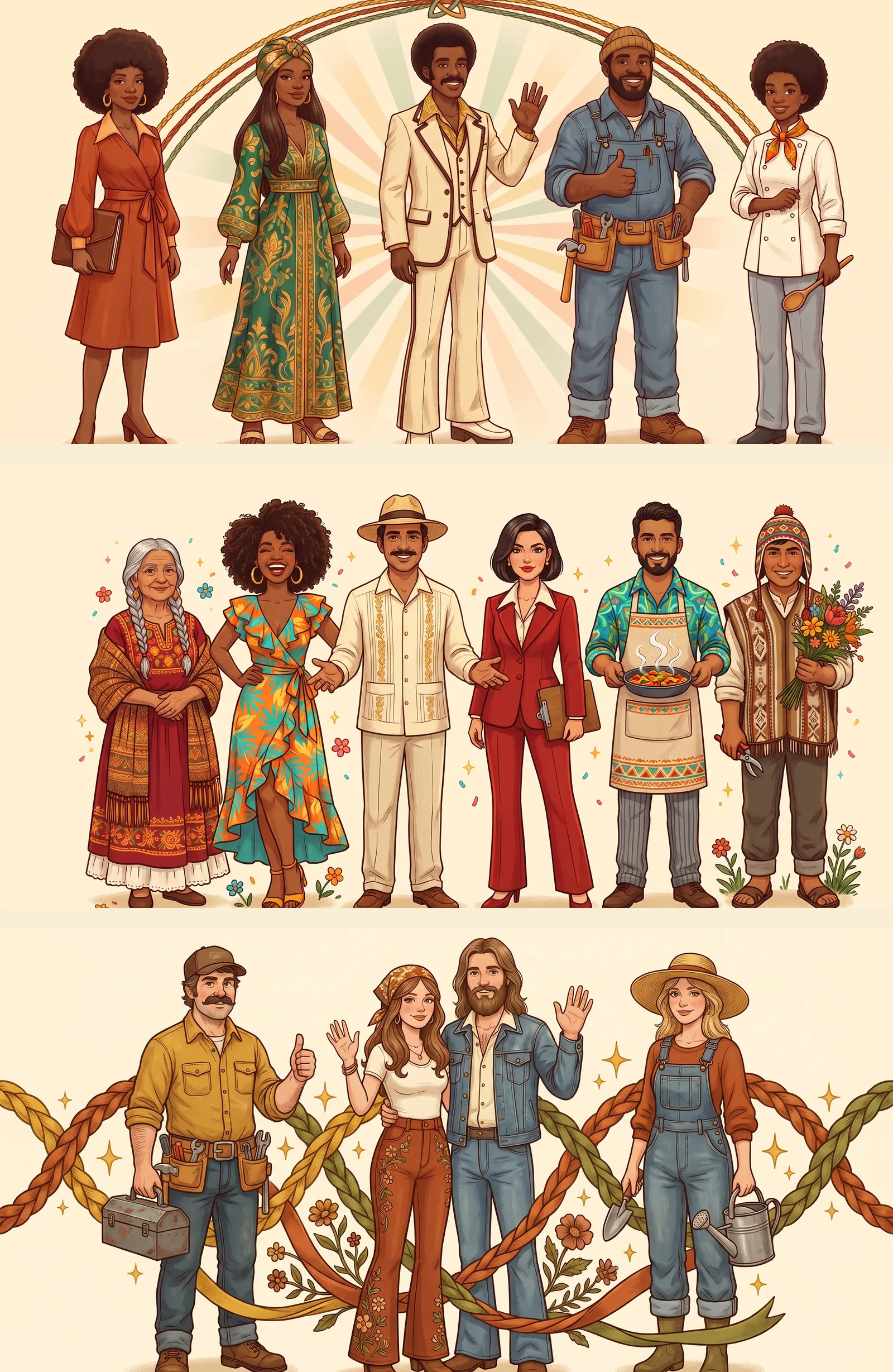 Three households, each with the people who help run it: an early-1970s soul household, a Latino family across generations, and a canyon household with its handyman and gardener.