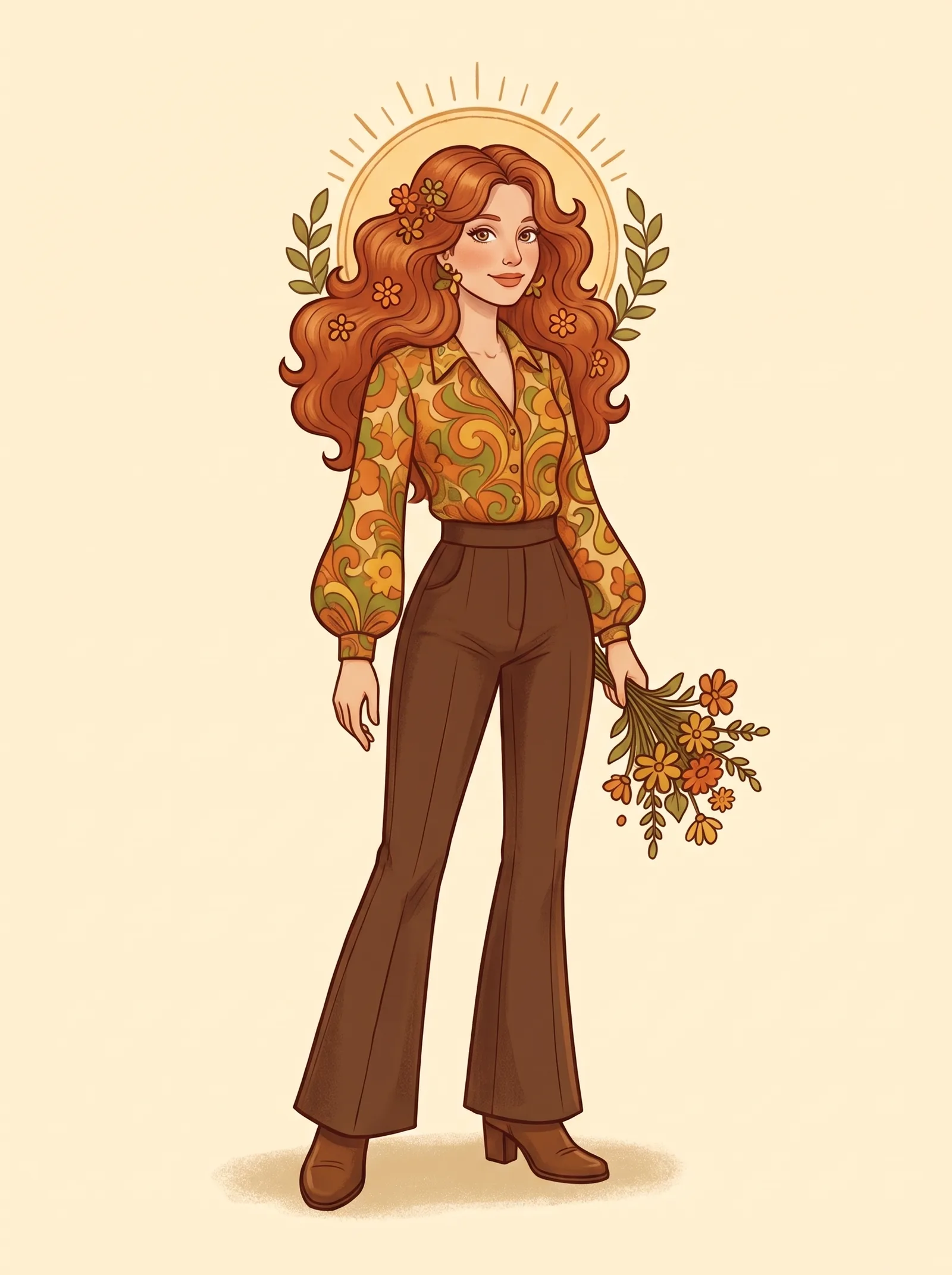 The owner, smiling, a soft sun behind her, holding a bouquet.
