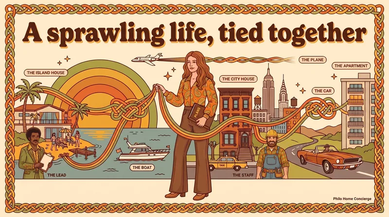 A sprawling life, tied together: an island house at sunset, a house in New York, a boat, an apartment, a plane and a car, all joined by three woven threads.